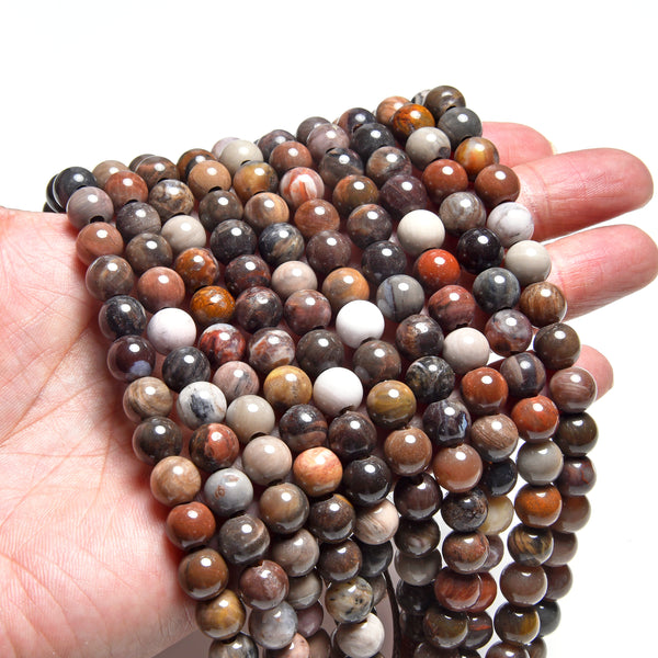 African Petrified Wood Agate 8mm Large Hole Round - 8 Inch