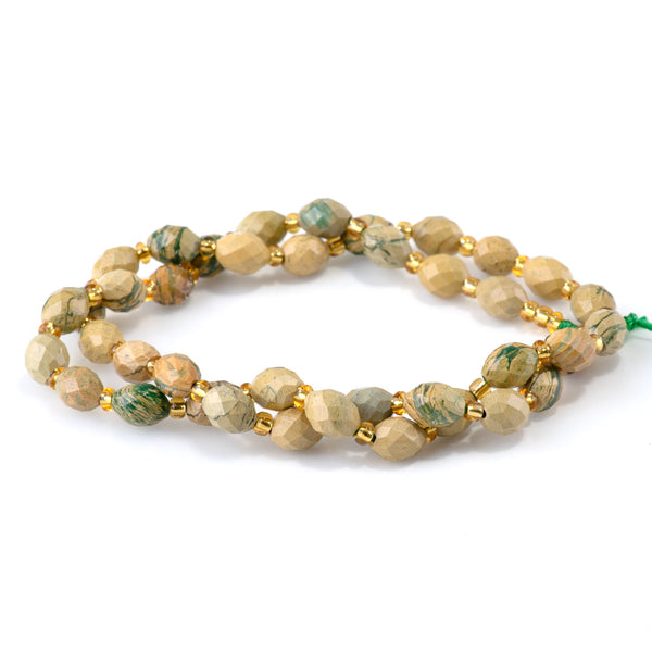 Yellow Green Aqua Terra Impression Jasper 7x8mm Faceted Rice Bead - 15-16 Inch
