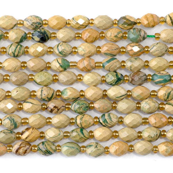 Yellow Green Aqua Terra Impression Jasper 7x8mm Faceted Rice Bead - 15-16 Inch