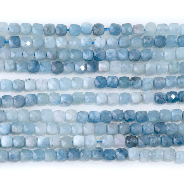 Aquamarine 4mm Banded Faceted Cube - 15-16 Inch