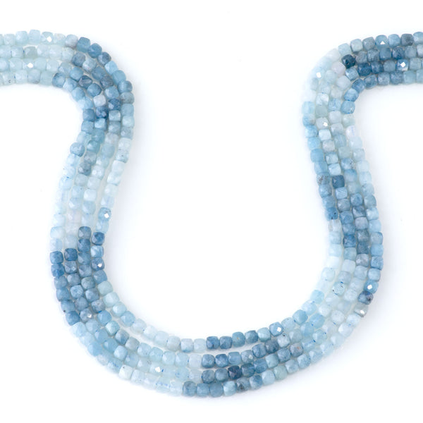 Aquamarine 4mm Banded Faceted Cube - 15-16 Inch
