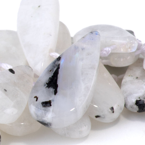 Blue Moonstone with Black Tourmaline 8x15-12x26mm Top Drill Tear Drop - 15-16 Inch