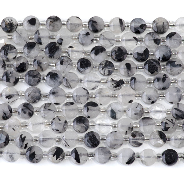 Black Rutilated Quartz 6mm Star Cut Coin A Grade - 15-16 Inch