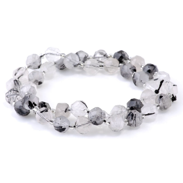 Black Rutilated Quartz 7x8mm Faceted Round Nugget A Grade - 15-16 Inch