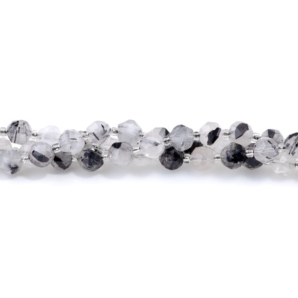 Black Rutilated Quartz 7x8mm Faceted Round Nugget A Grade - 15-16 Inch