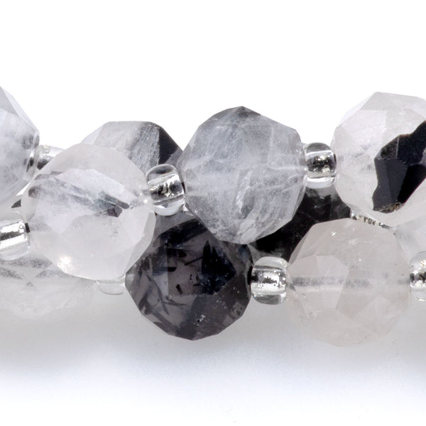 Black Rutilated Quartz 7x8mm Faceted Round Nugget A Grade - 15-16 Inch