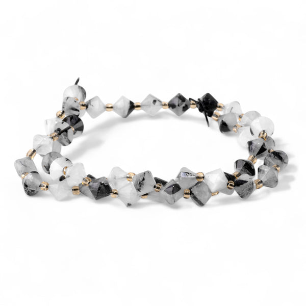 Black Rutilated Quartz 8mm Faceted Bicone - 15-16 Inch