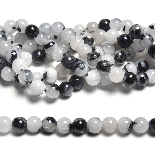 Black Rutilated Quartz 8mm Large Hole Round - 8 Inch