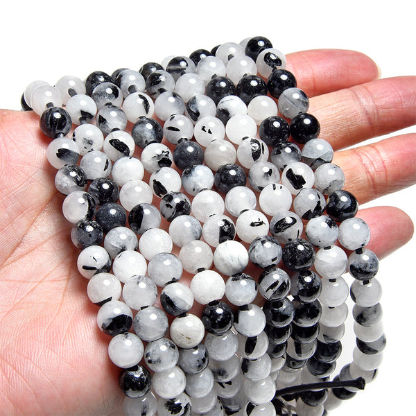 Black Rutilated Quartz 8mm Large Hole Round - 8 Inch