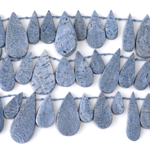 Blue Sponge Coral 8x18-16x36mm Top Drill Flat Tear Drop - 15-16 Inch