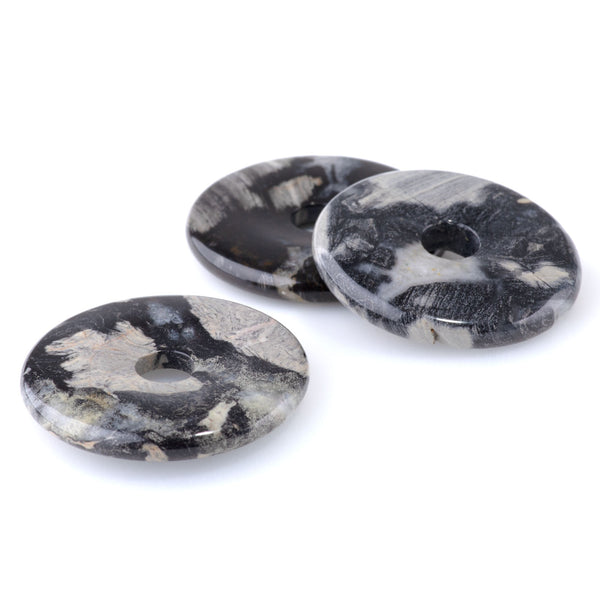 Black Silver Leaf Jasper 40mm Donut Pendant
