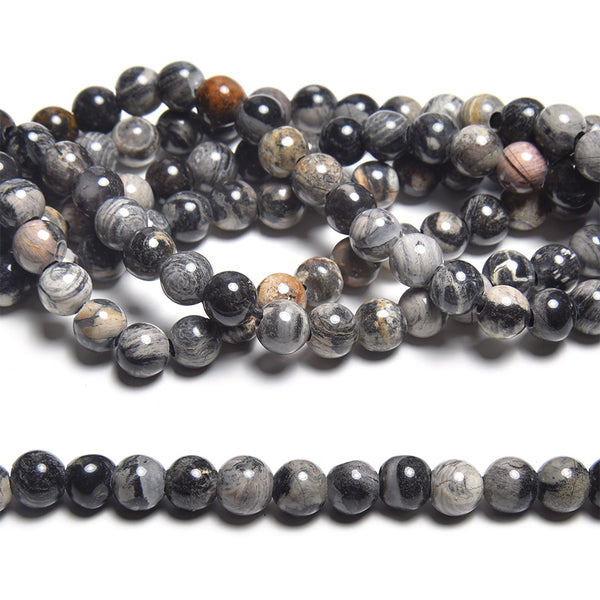 Black Silver Leaf Jasper 6mm Large Hole Round - 8 Inch