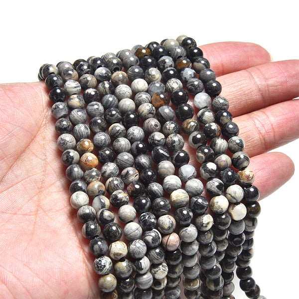 Black Silver Leaf Jasper 6mm Large Hole Round - 8 Inch