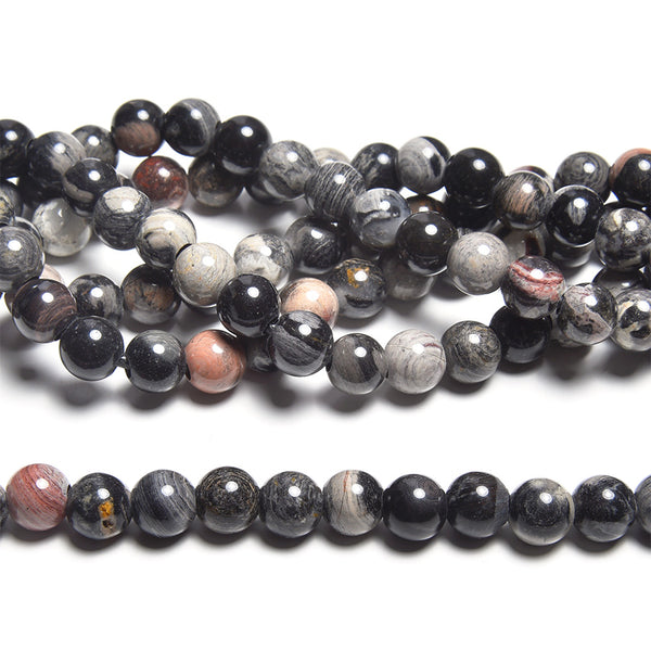 Black Silver Leaf Jasper 8mm Large Hole Round - 8 Inch