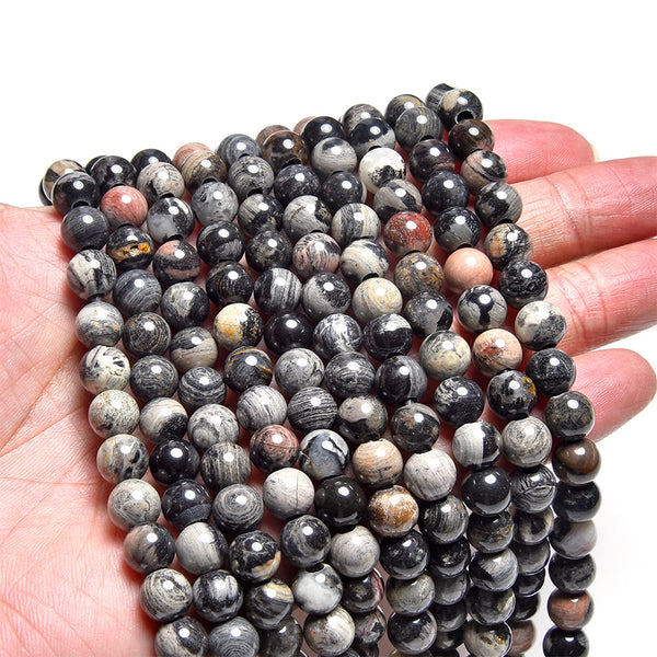 Black Silver Leaf Jasper 8mm Large Hole Round - 8 Inch