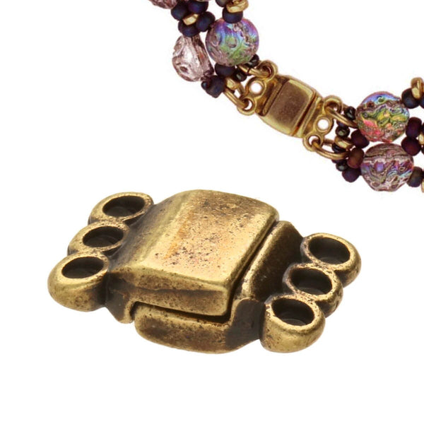 13.7x8.6mm 3 Ring Rectangle Magnetic Clasp - Antique Brass Plated - 4 Pack