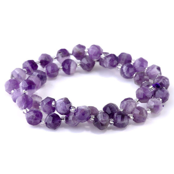 Dog Teeth Amethyst 7x8mm Faceted Round Nugget - 15-16 Inch