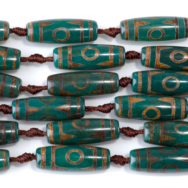 DZI Agate 10x30mm Three Eye Barrel Dark Green - 15-16 Inch