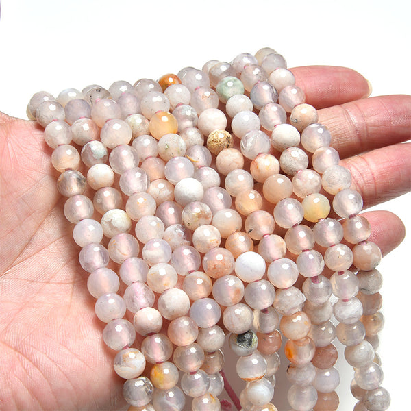 Flower Agate 8mm Large Hole Faceted Round - 8 Inch