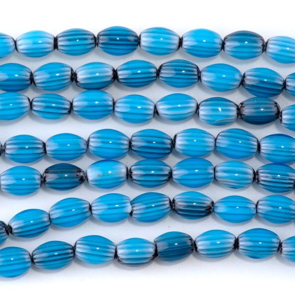 Glass Melon 6x8mm Turquoise & Black Barrel - 14-15 Inch