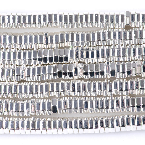 Hematite White Silver Plated 2x6mm Hexagon - 15-16 Inch