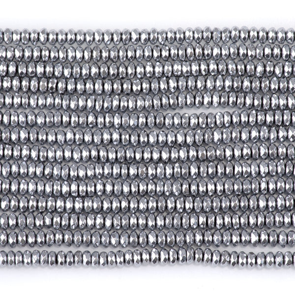 Hematite Silver Plated 4mm Faceted Rondelle - 15-16 inch