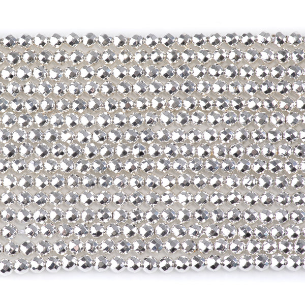 Hematite White Silver Plated 4mm Faceted Round 15-16 Inch