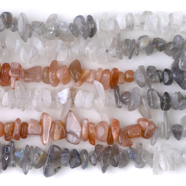 Banded Mixed Stone 6-9mm Chips - Labradorite/Peach Moonstone/Moonstone - 15-16 Inch