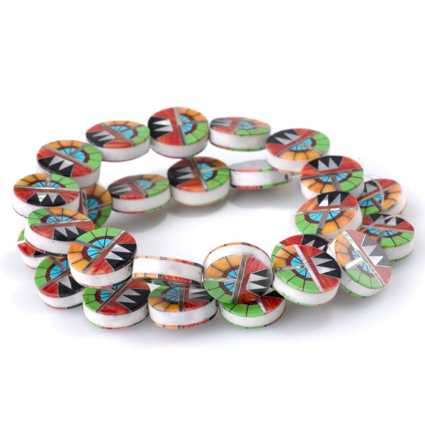 Mosaic 15mm Inlay Coin - Coral, Gaspeite, & Mother Of Pearl - 15-16 Inch