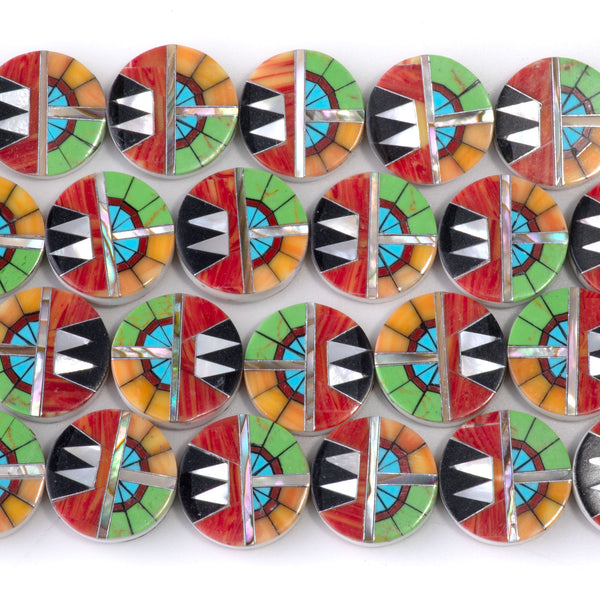 Mosaic 15mm Inlay Coin - Coral, Gaspeite, & Mother Of Pearl - 15-16 Inch