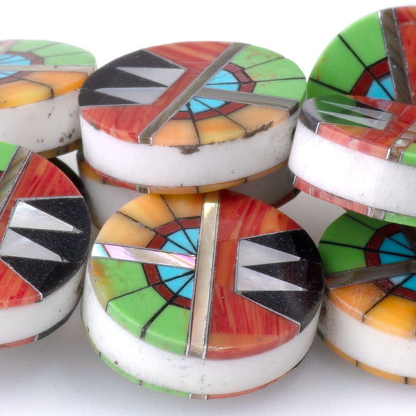 Mosaic 15mm Inlay Coin - Coral, Gaspeite, & Mother Of Pearl - 15-16 Inch
