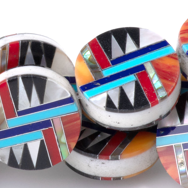 Mosaic 15mm Inlay Coin - Coral, Mother Of Pearl, & Turquoise - 15-16 Inch
