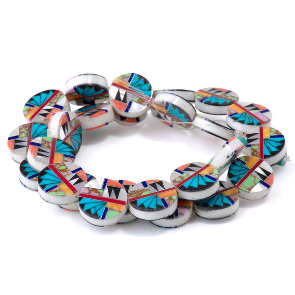 Mosaic 15mm Inlay Coin - Turquoise, Coral, & Abalone - 15-16 Inch