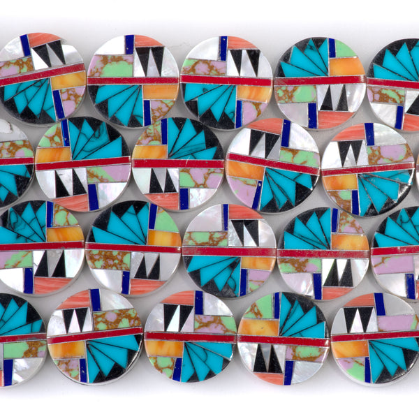 Mosaic 15mm Inlay Coin - Turquoise, Coral, & Abalone - 15-16 Inch