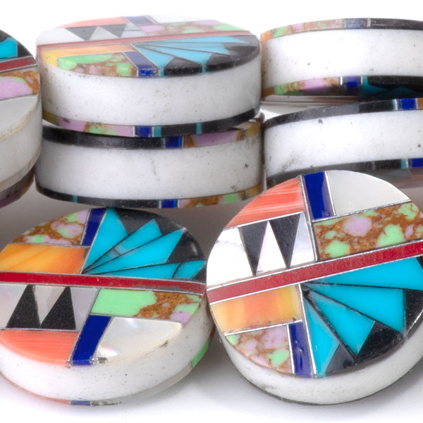 Mosaic 15mm Inlay Coin - Turquoise, Coral, & Abalone - 15-16 Inch