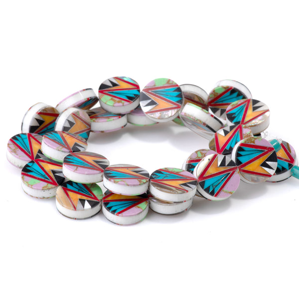 Mosaic 15mm Inlay Coin - Coral, Turquoise, & Jet - 15-16 Inch