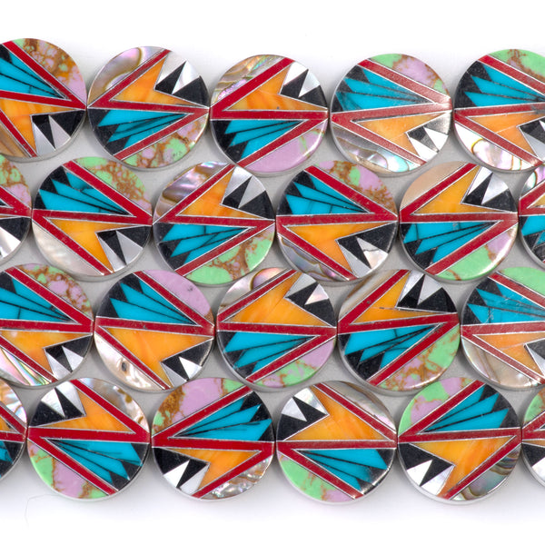 Mosaic 15mm Inlay Coin - Coral, Turquoise, & Jet - 15-16 Inch