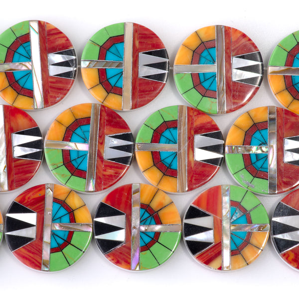 Mosaic 20mm Inlay Coin - Coral, Gaspeite, & Abalone - 15-16 Inch