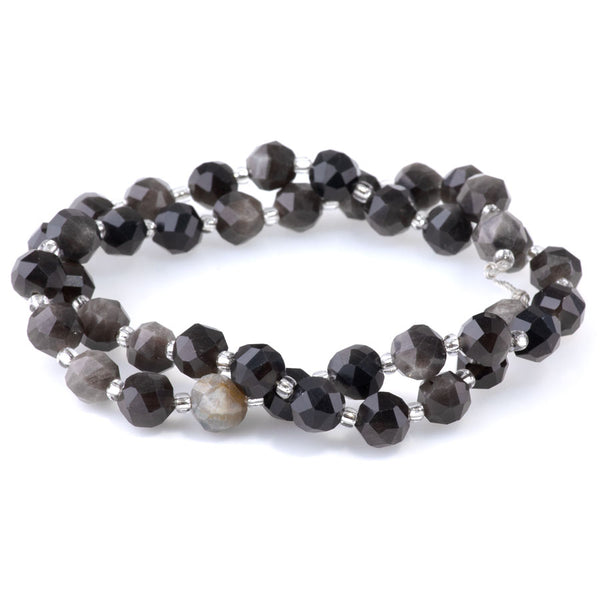 Silver Obsidian 7x8mm Faceted Round Nugget - 15-16 Inch