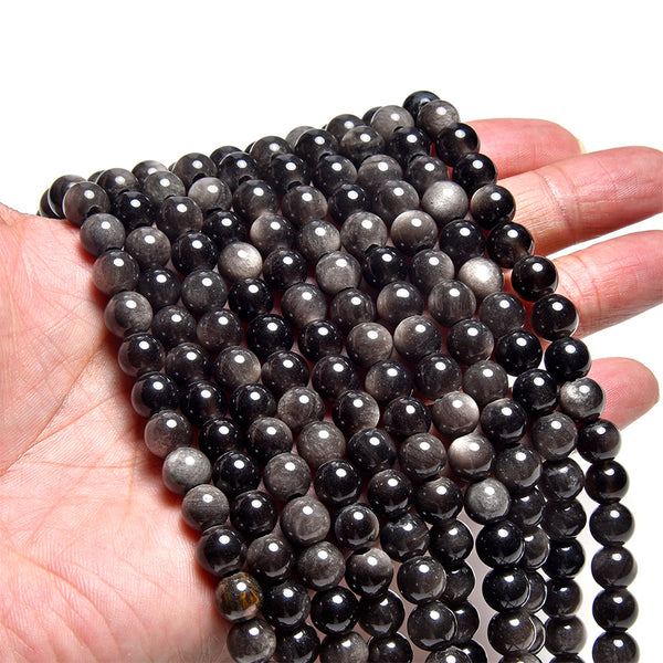 Silver Obsidian 8mm Large Hole Round - 8 Inch