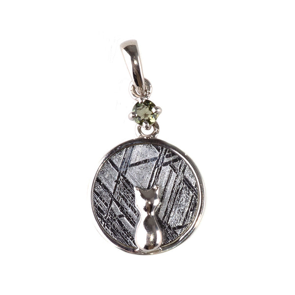 Muoinionalusta Meteorite 12mm Coin with Cat and Moldavite Pendant with .925 Sterling Silver Bail