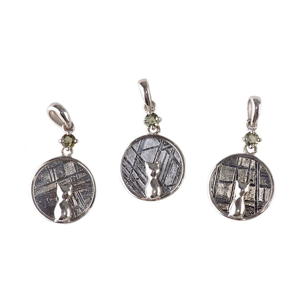 Muoinionalusta Meteorite 12mm Coin with Cat and Moldavite Pendant with .925 Sterling Silver Bail