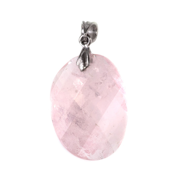 Rose Quartz 18x25mm Faceted Twist Oval Pendant with .925 Sterling Silver Bail
