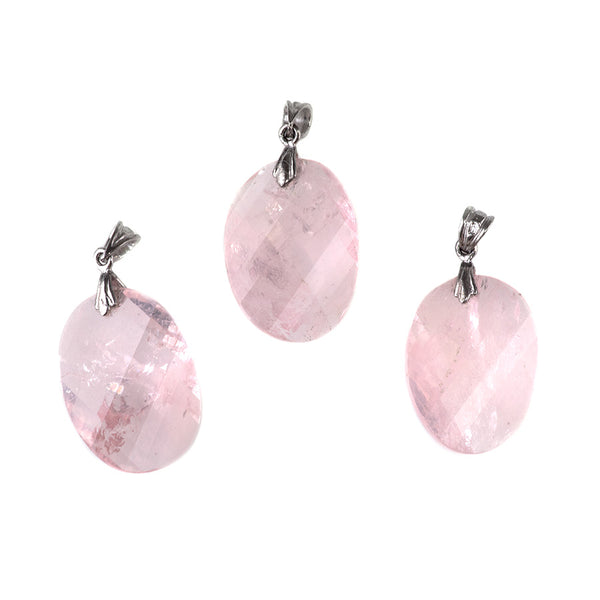 Rose Quartz 18x25mm Faceted Twist Oval Pendant with .925 Sterling Silver Bail