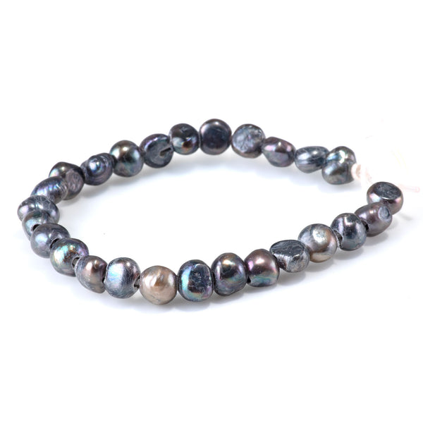 Freshwater Pearl 6-10mm Grey Peacock Irregular Button Large Hole Beads - 8-Inch