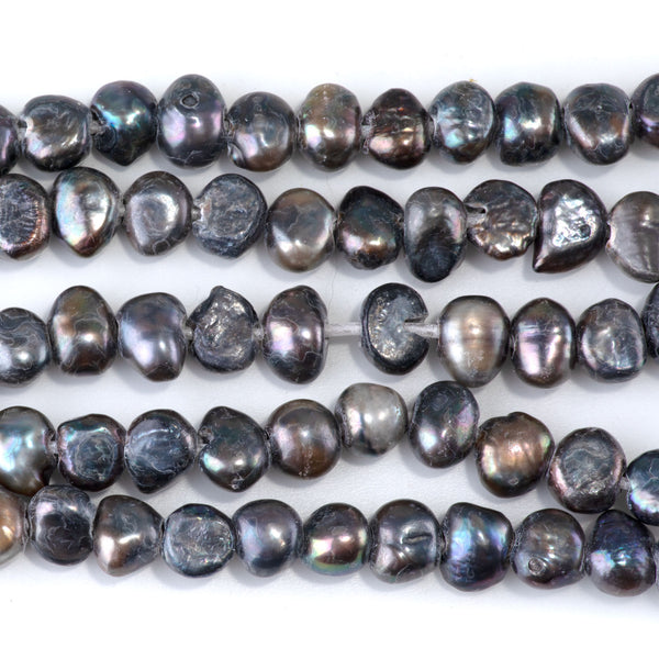 Freshwater Pearl 6-10mm Grey Peacock Irregular Button Large Hole Beads - 8-Inch