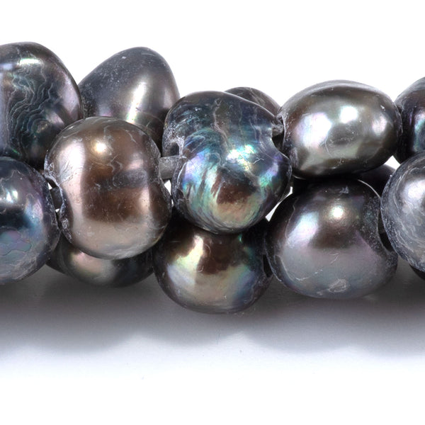 Freshwater Pearl 6-10mm Grey Peacock Irregular Button Large Hole Beads - 8-Inch