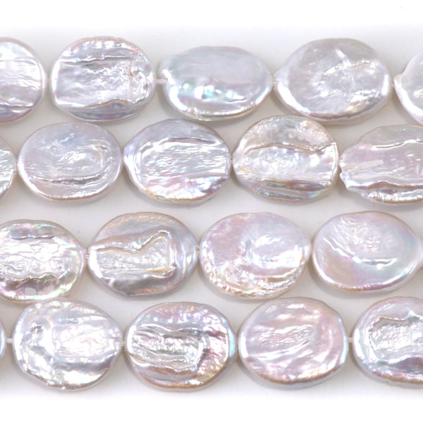 Freshwater Pearl 13-14x17mm White Oval Coin Beads - 15-16 Inch