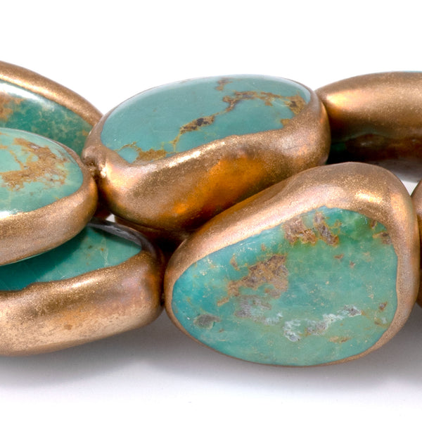 Hubei Turquoise with Copper Painted Edge 12-15mm Irregular Oval - 15-16 Inch