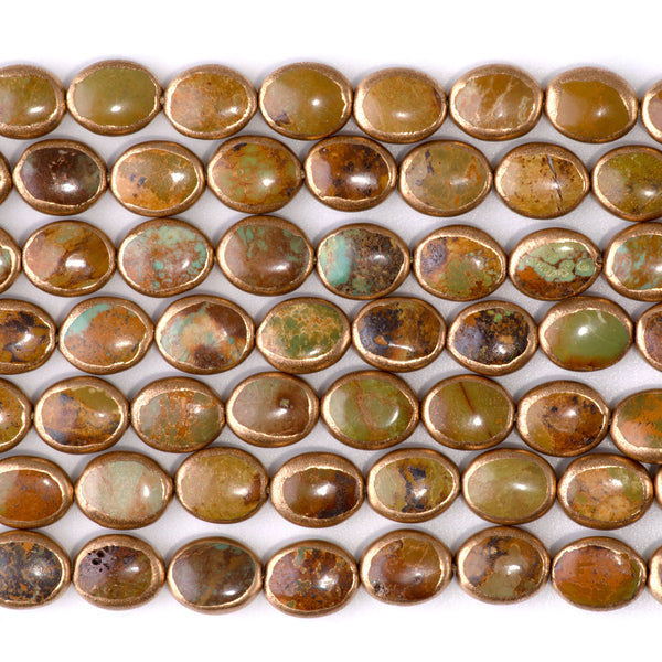 Hubei Turquoise with Copper Painted Edge 8x10mm Green/Brown Oval - 15-16 Inch